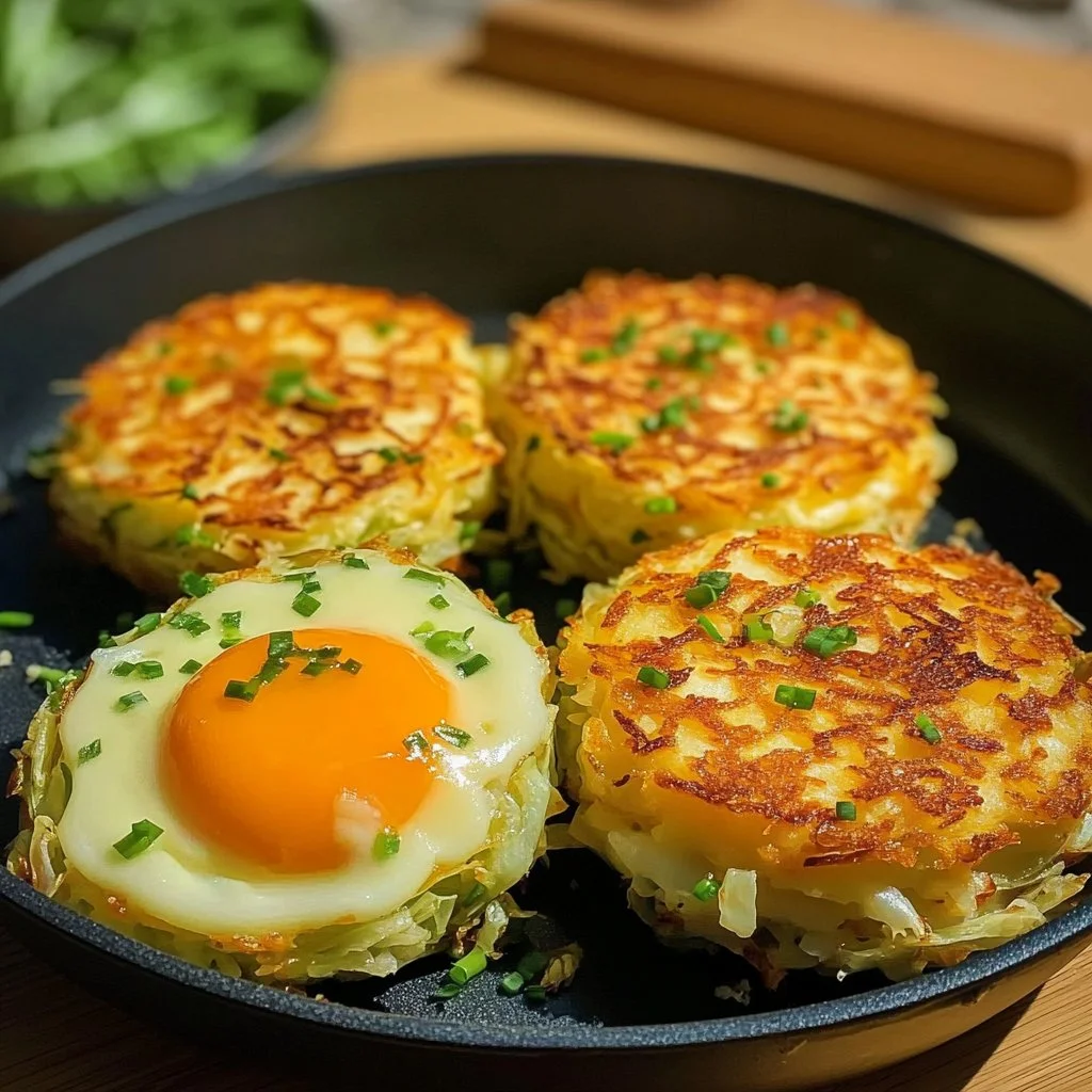 Plate of Cabbage Eggs served with herbs and spices in a rustic setting