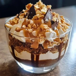 Caramel Cheesecake Brownie Trifle Delight dessert in a glass dish