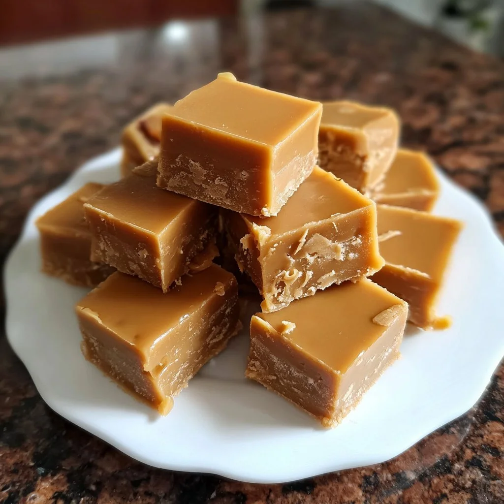 Delicious homemade Caramel Coffee Fudge on a plate.