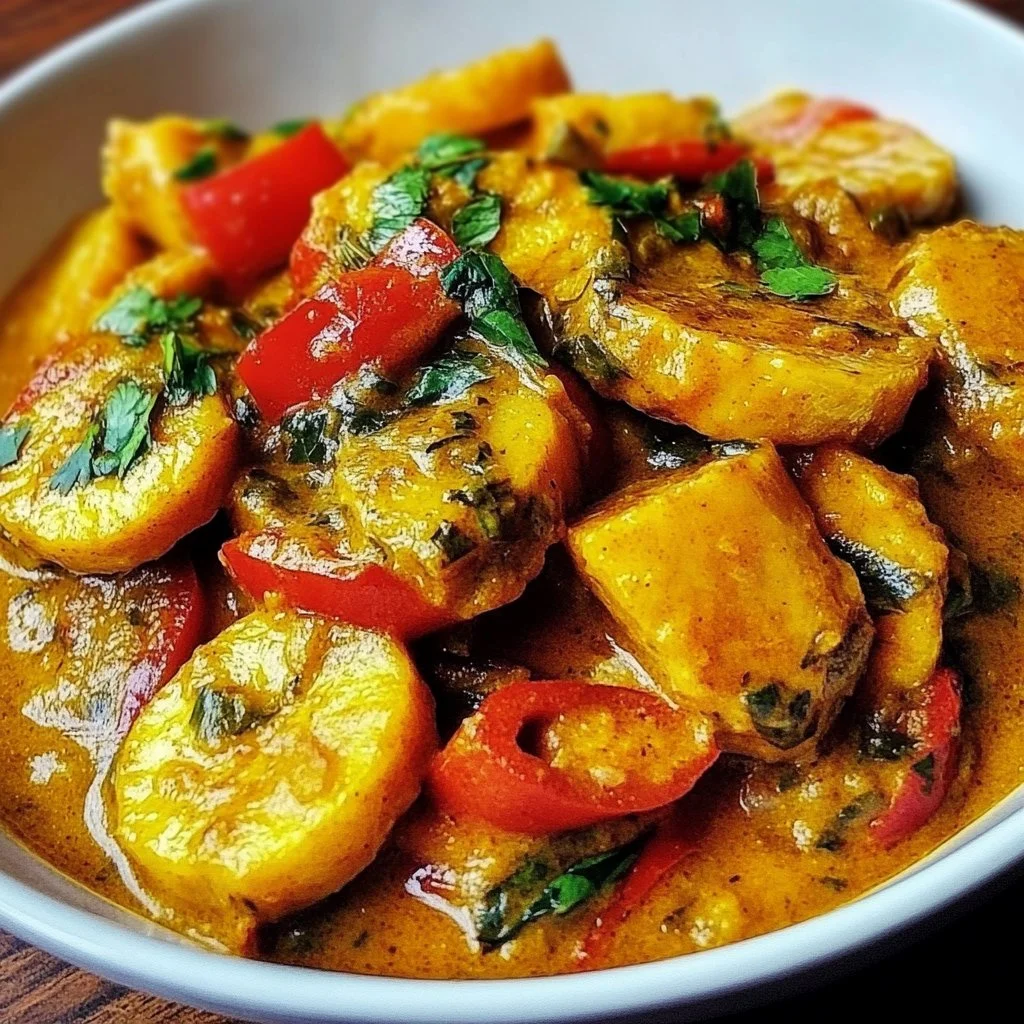 A vibrant bowl of Caribbean-style Plantain Curry with colorful spices and garnishes.