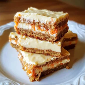Carrot Cake Cream Cheese Blondies served on a plate with frosting drizzled on top