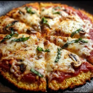Cauliflower pizza crust topped with fresh vegetables and cheese, healthy alternative