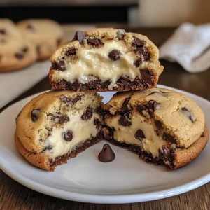Cheesecake-stuffed chocolate chip cookies on a plate