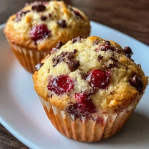 Freshly baked cherry chocolate chip muffins on a cooling rack