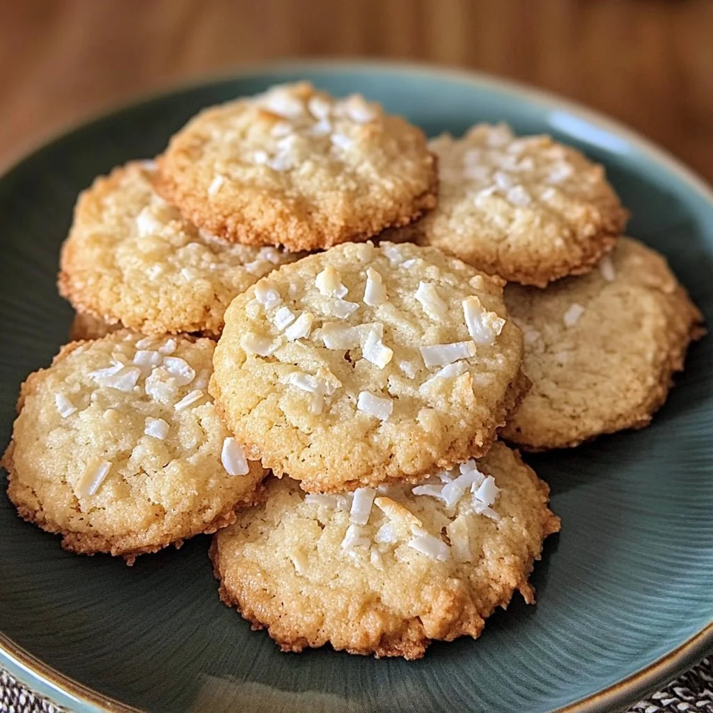 Freshly baked chewy coconut cookies on a cooling rack