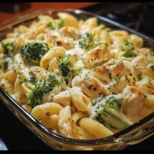 Delicious Chicken and Broccoli Baked Alfredo in a casserole dish