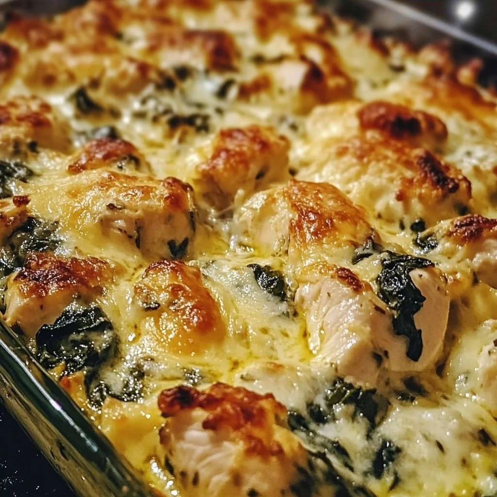 Delicious Chicken and Spinach Casserole topped with cheese and breadcrumbs