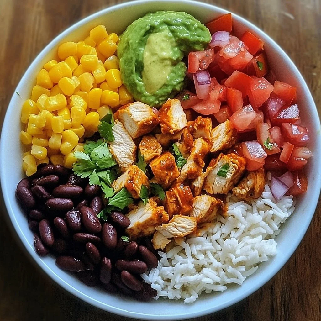 Delicious Chicken Burrito Bowl topped with fresh ingredients and flavorful sauce