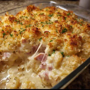Delicious Chicken Cordon Bleu Casserole topped with cheese and breadcrumbs