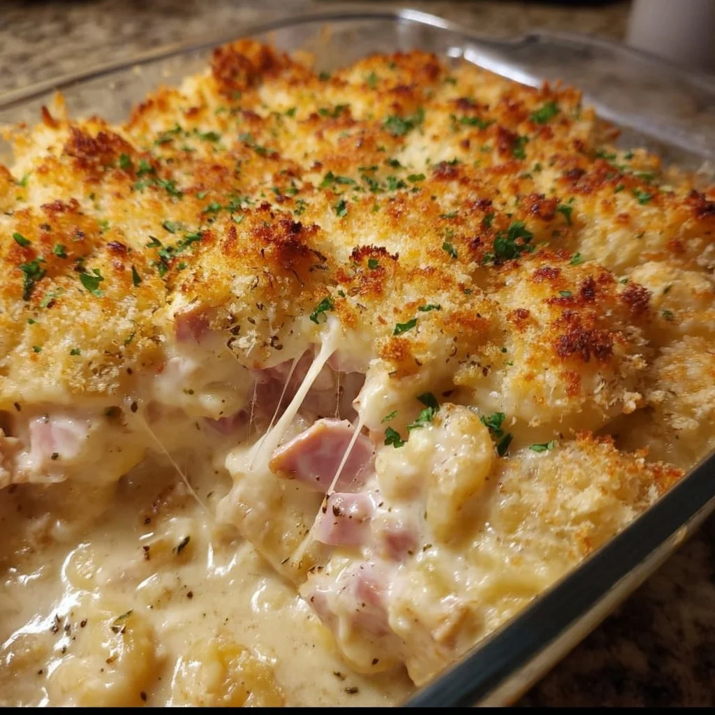 Delicious Chicken Cordon Bleu Casserole topped with cheese and breadcrumbs