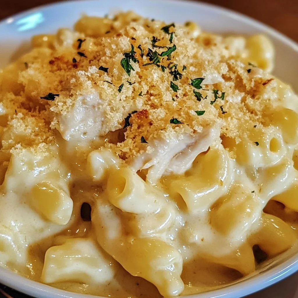 Delicious Chicken Ranch Macaroni and Cheese topped with chicken and ranch dressing