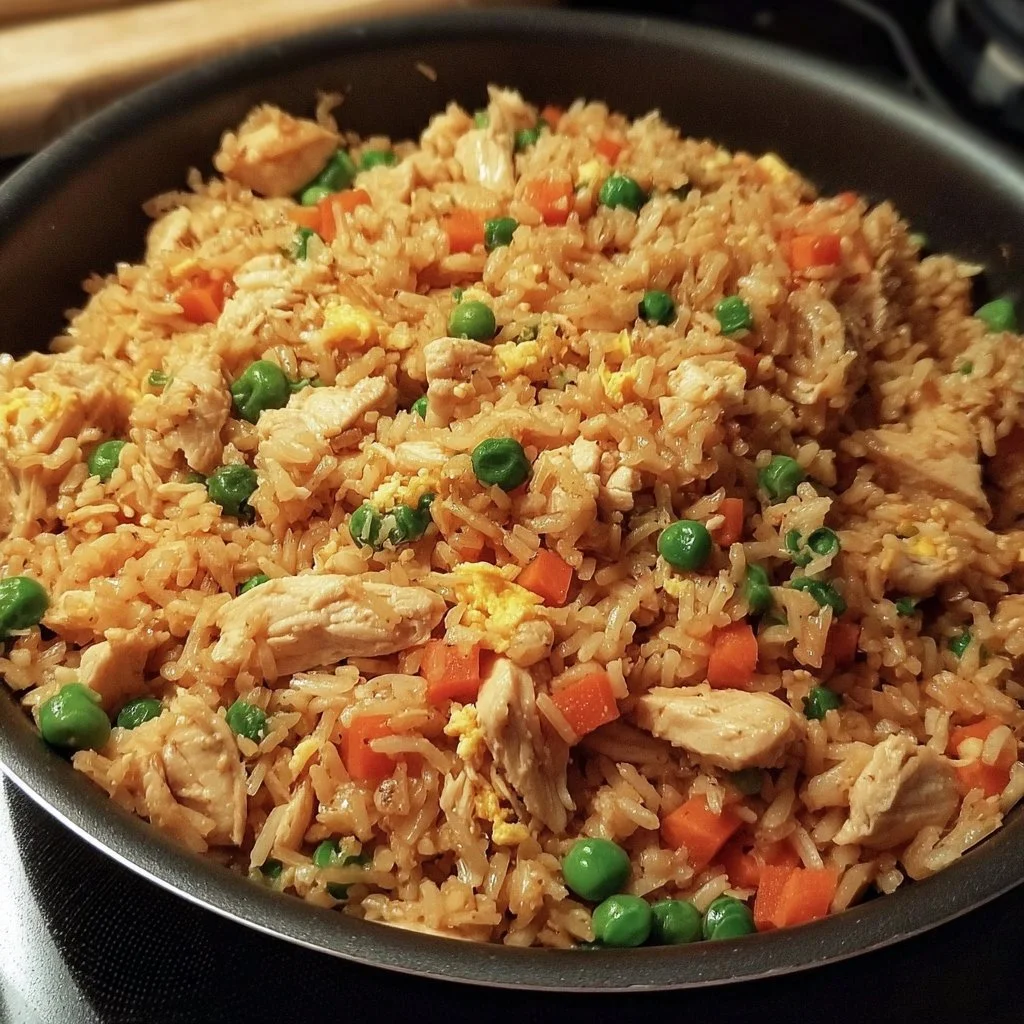 Bowl of Chinese chicken fried rice with vegetables and chicken pieces