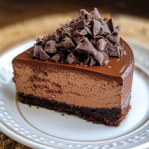 Delicious chocolate cheesecake topped with chocolate shavings on a white plate.