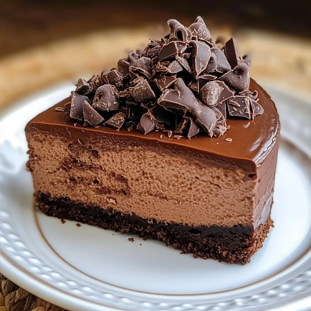 Delicious chocolate cheesecake topped with chocolate shavings on a white plate.