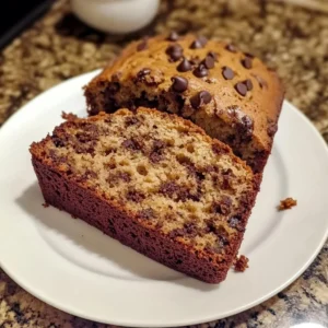 Delicious chocolate chip banana bread loaf with slices on a wooden board.