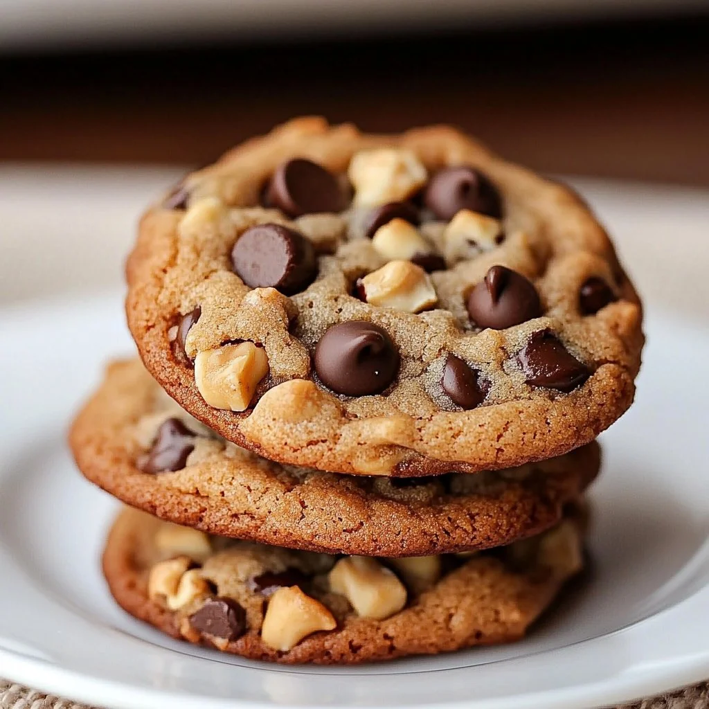 Freshly baked chocolate chip walnut cookies on a cooling rack
