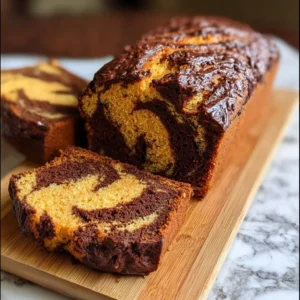Loaf of Chocolate Marble Pumpkin Bread with chocolate and pumpkin swirls