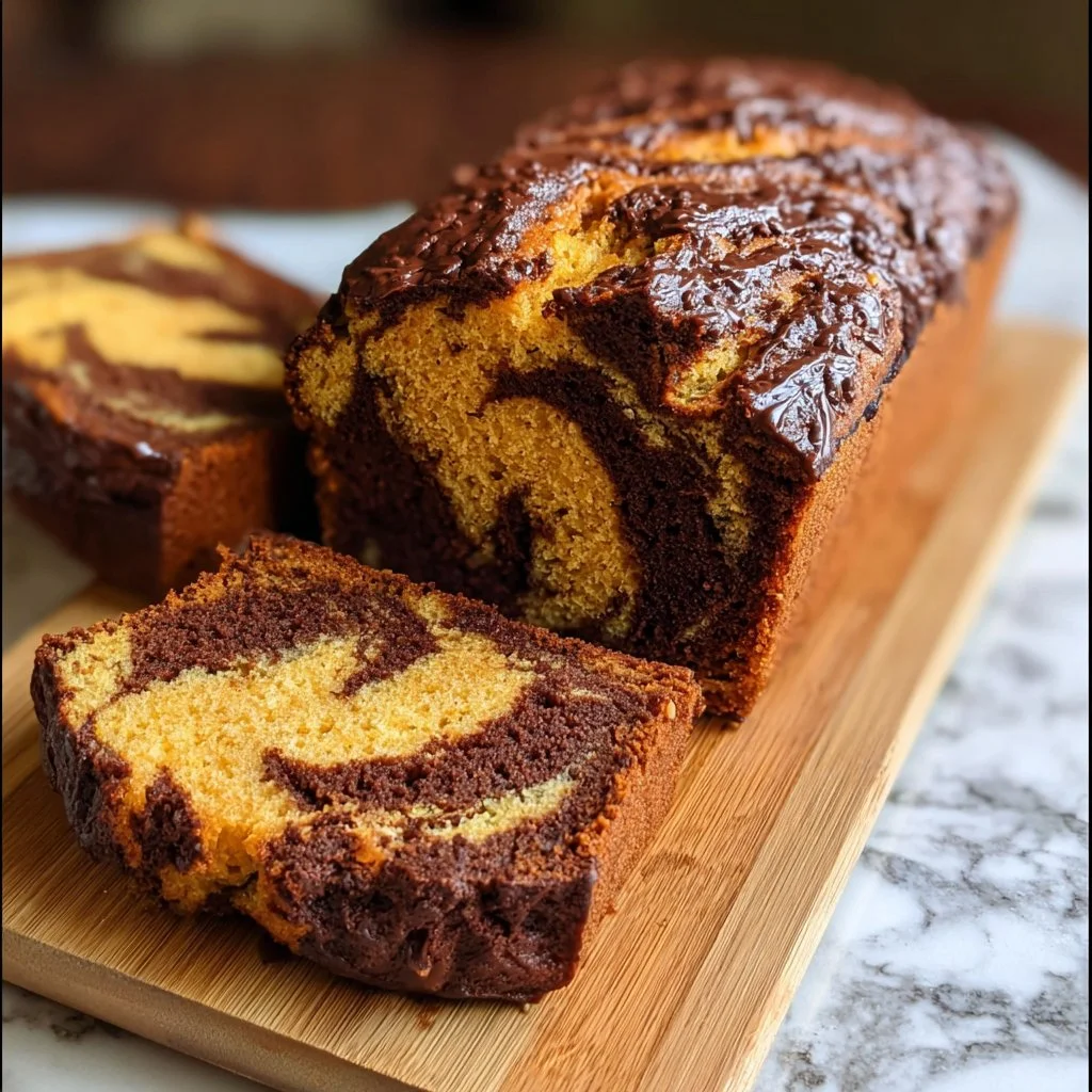 Loaf of Chocolate Marble Pumpkin Bread with chocolate and pumpkin swirls