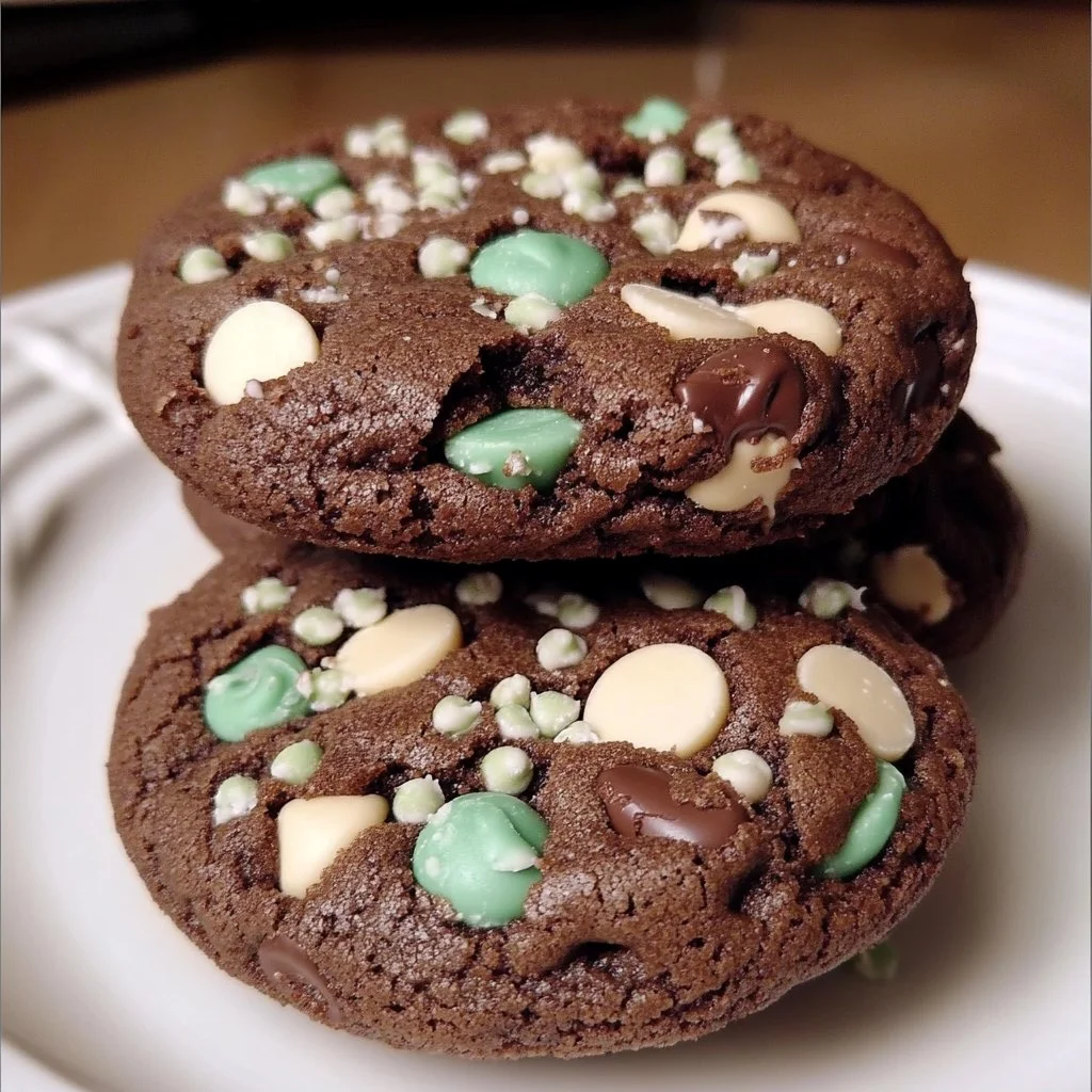 Freshly baked Chocolate Mint Chip Cookies on a cooling rack.