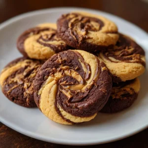 Chocolate Peanut Butter Swirl Cookies on a plate, showcasing rich swirls
