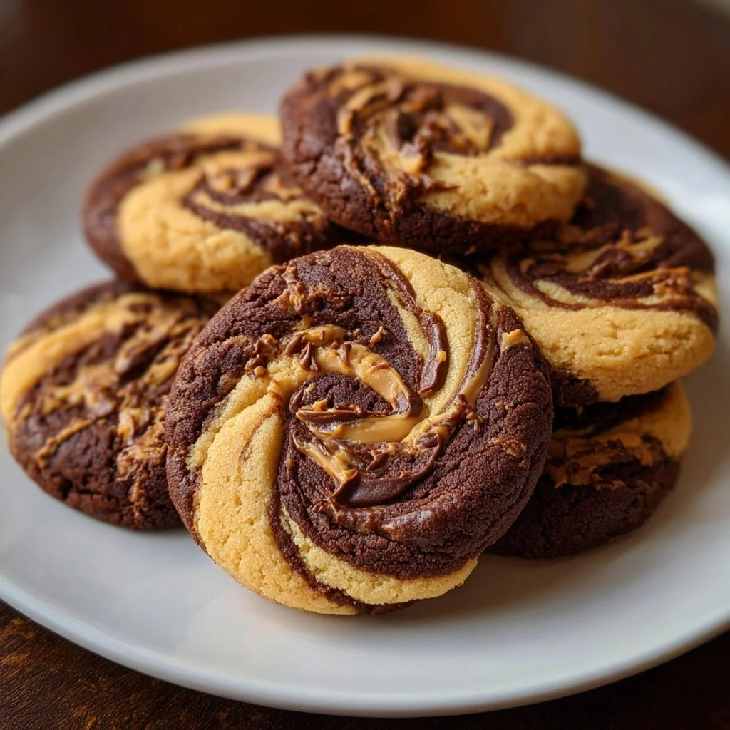 Chocolate Peanut Butter Swirl Cookies on a plate, showcasing rich swirls
