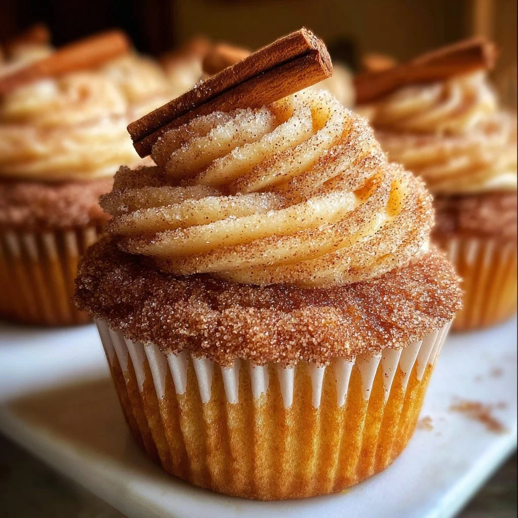 Churro cupcakes topped with cinnamon sugar in a decorative setting