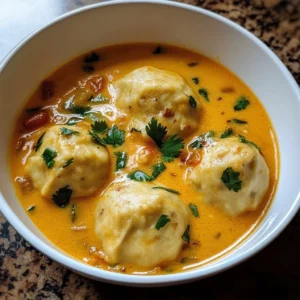 Bowl of coconut curry soup with dumplings garnished with herbs