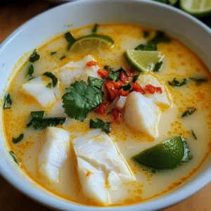 Bowl of delicious Coconut Lime Fish Soup garnished with herbs and lime slices.