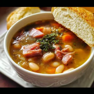 Bowl of comforting ham hock and bean soup garnished with herbs