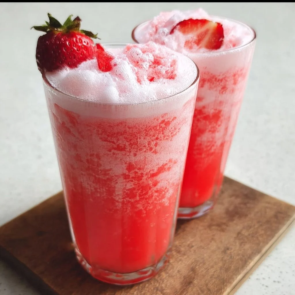 Glass of refreshing strawberry cream soda with whipped cream on top