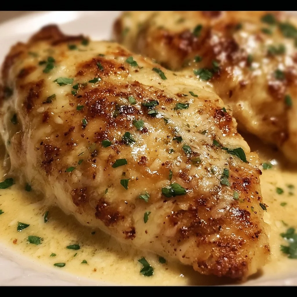 Delicious Copycat Longhorn Steakhouse Parmesan Chicken served with creamy sauce.