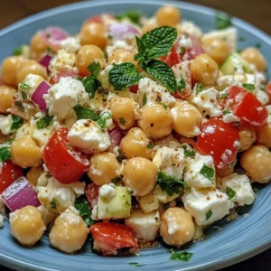 Cottage cheese salad with chickpeas, fresh vegetables, and herbs in a bowl.