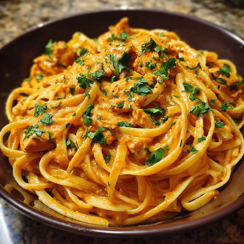 A delicious plate of Cowboy Butter Chicken Linguine garnished with fresh herbs.