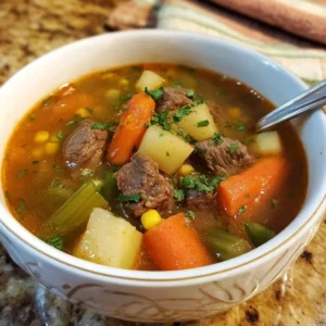 Bowl of cozy Vegetable Beef Soup with fresh vegetables and tender beef