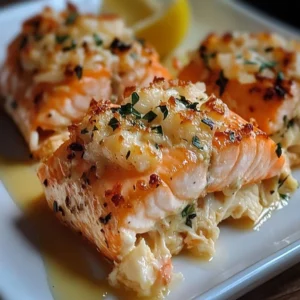 Plate of crab and shrimp stuffed salmon garnished with herbs and lemon.