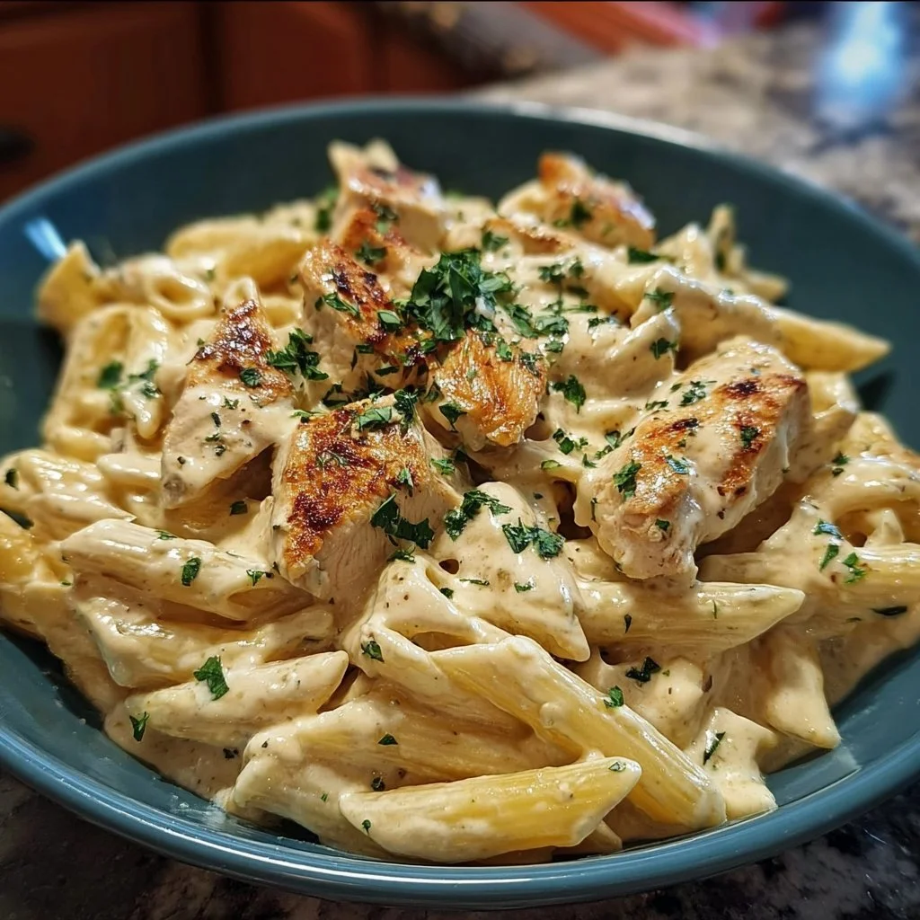 Creamy Boursin Chicken Pasta dish topped with fresh herbs.