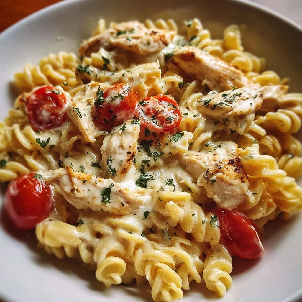 Delicious creamy Chicken Mozzarella Pasta served in a bowl