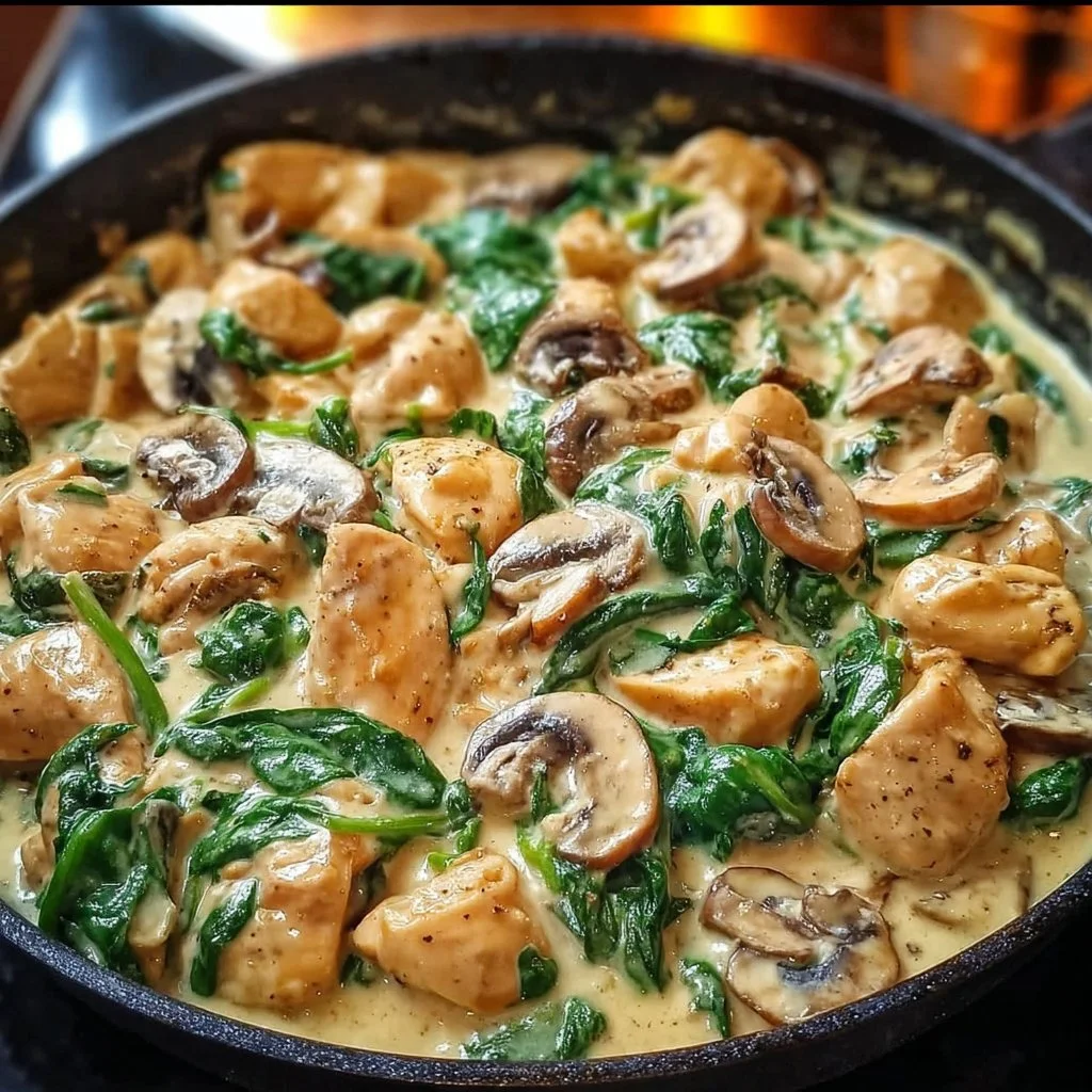 Creamy chicken mushroom spinach skillet dish served in a frying pan
