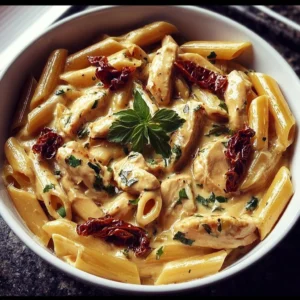 Creamy chicken pasta dish with sun-dried tomatoes served in a bowl.
