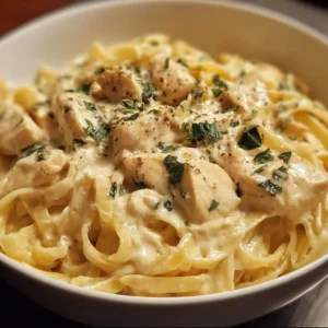 Creamy Dairy Free Chicken Alfredo served in a bowl with herbs