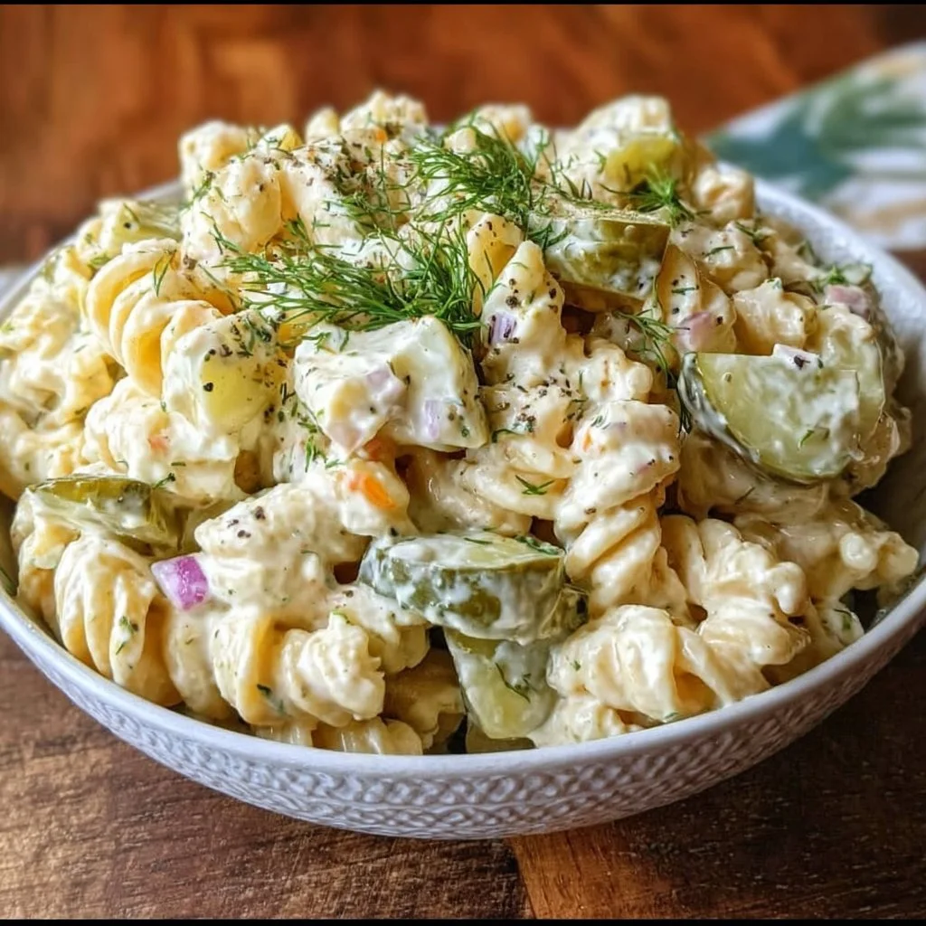 Creamy dill pickle macaroni salad in a bowl, garnished with fresh herbs.