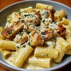 Creamy garlic butter chicken served with rigatoni in Parmesan sauce