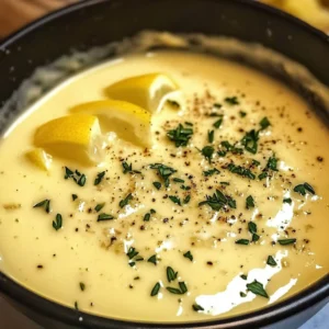 Creamy garlic lemon butter sauce in a bowl with herbs and lemon slices