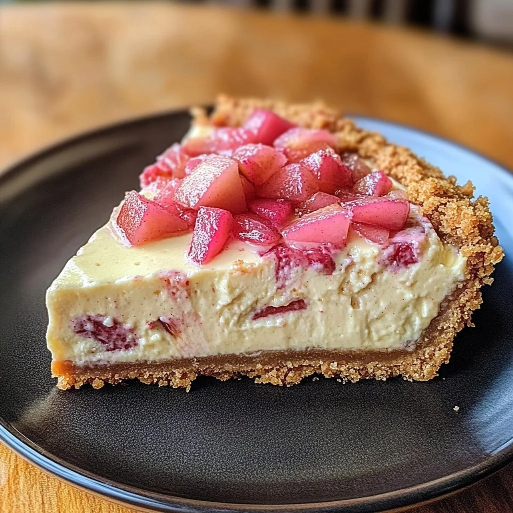 Slice of creamy rhubarb cheesecake topped with fresh rhubarb