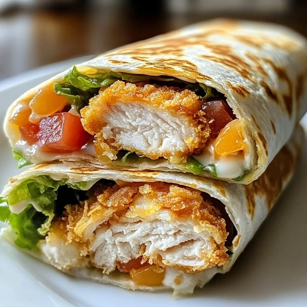 Crispy chicken wrapped in ranch sauce with fresh vegetables in a tortilla