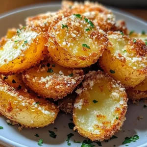 Crispy garlic parmesan crusted potatoes in a serving dish