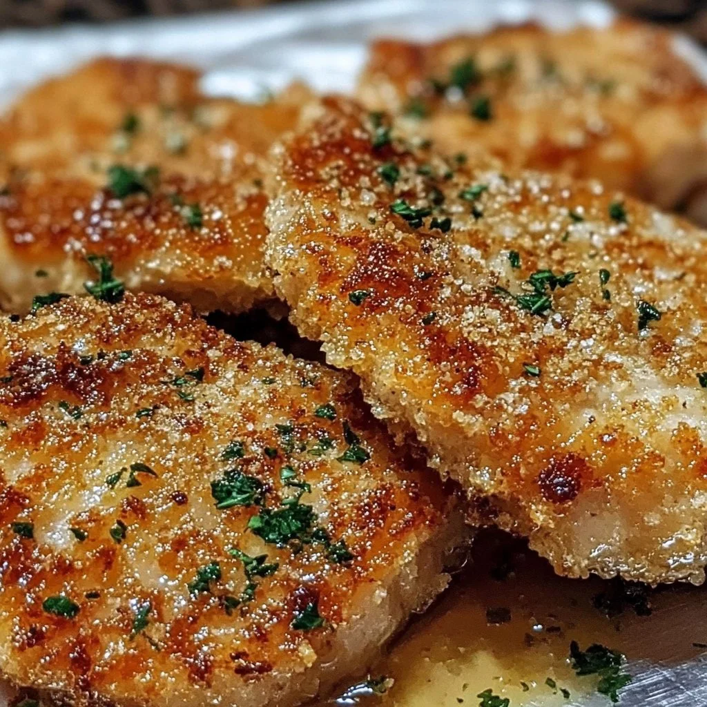 Crispy Garlic Parmesan Pork Chops on a plate garnished with herbs