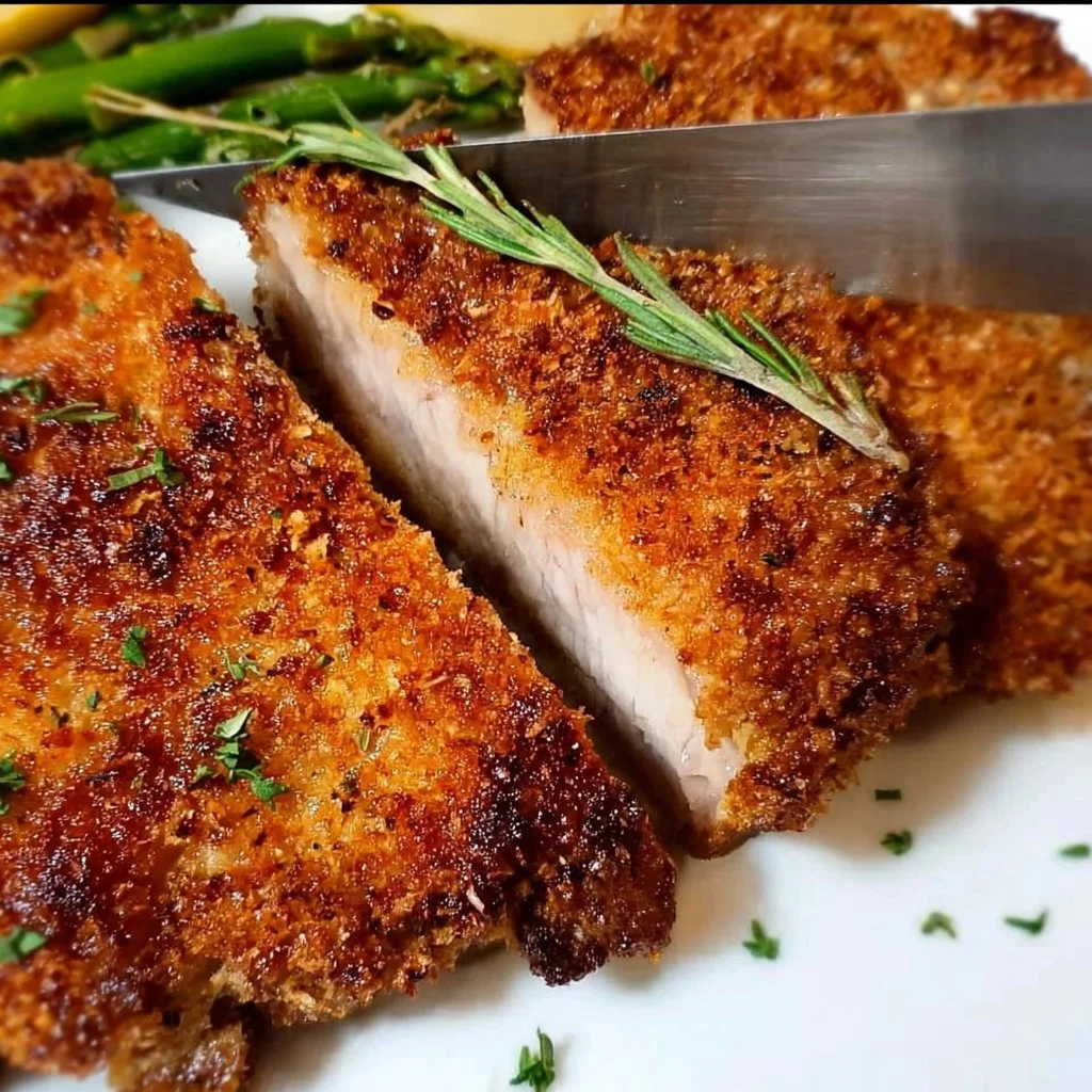 Crispy panko air fryer pork chops plated with garnish.
