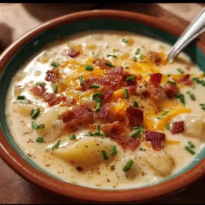 Bowl of creamy Crock Pot Crack Potato Soup topped with green onions and cheese