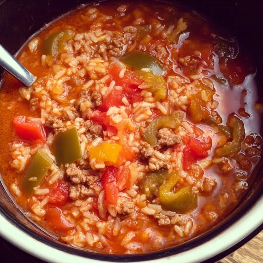 Bowl of hearty Crock Pot Stuffed Pepper Soup with colorful bell pepper slices
